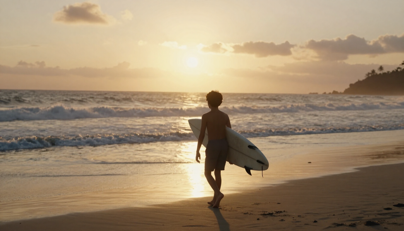 A young Costa Rican surfer carrying a board toward the ocean at golden hour